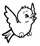 Black and white line art of a happy little bird